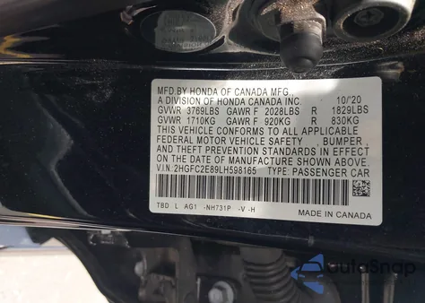 2020 Honda Civic Sport z USA, uszkodzony, nr VIN 2HGFC2E89LH598165